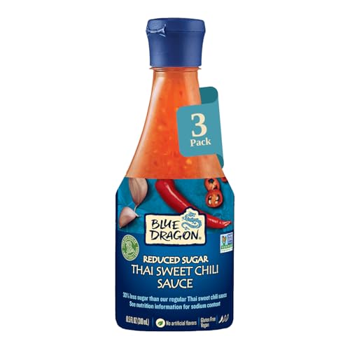 Blue Dragon Reduced Sugar Thai Sweet Chili Sauce - 10.5oz (Pack of 3) - 30% Less Sugar - No Artificial Flavors - Made with Red Chilies & Garlic - Vegan, Non-GMO Verified, Gluten Free - Dipping Sauce