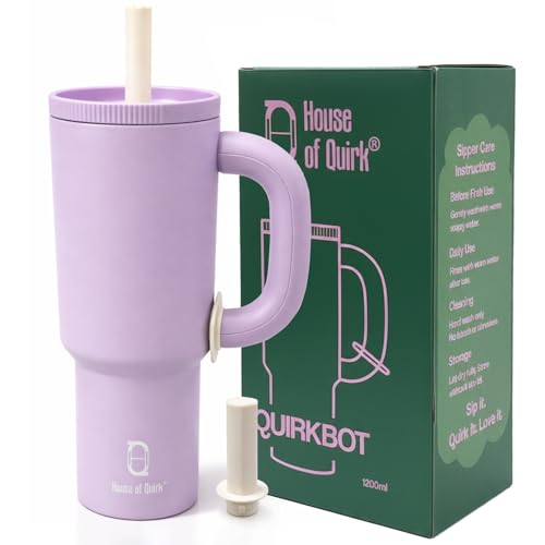 Image of House of Quirk 1200ml Stainless Steel Tumbler with Handle, Straw & Straw Cap | Leakproof Water Bottle | Large Capacity Travel Mug (Lilac)