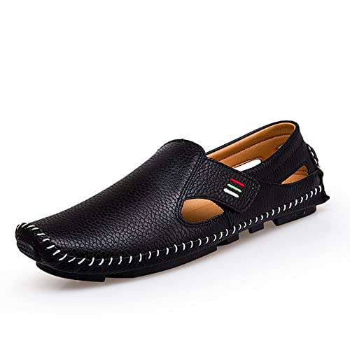 Men's Leather Square Toe Soft Sole Loafers with Hook&Loop,Breathable Comfortable Slip On Flat Moccasin Boat Shoes,Casual Fashion Walking Driving Shoes