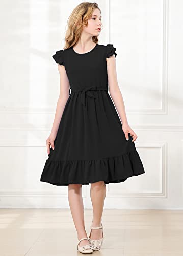 RETSUGO Girls Dresses Ruffle Sleeve Dress Flutter Hem A-Line Swing Pleated Tiered Casual Solid Color Party Dress 6-14 Years3
