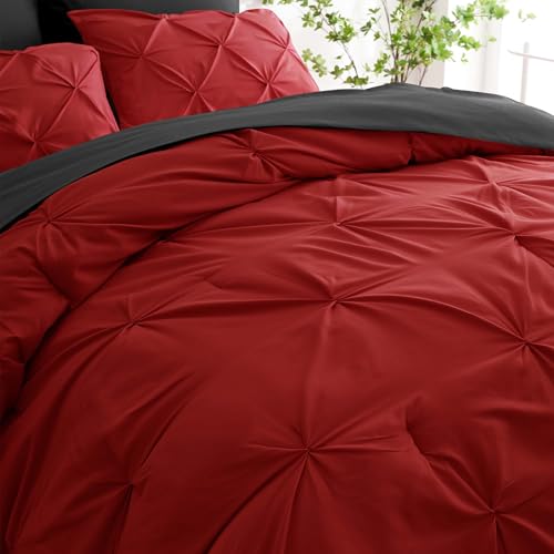 Ubauba 7pc Full Size Comforter Set with Sheets, Red and Black Pintuck 7 Pieces Bed in a Bag with Comforter, All Season Bedding Comforters & Sets (Red and Black,Full)