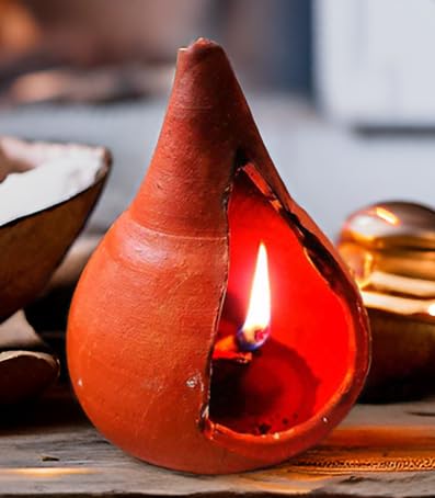 ZENRISE® Diya, Camphor lamp, Akhand Jyoti, Nariyal Coconut lamp - Handmade Indian Clay Terracotta Earthenware (15x12 cm)-image-14