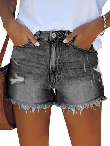Image of onlypuff Women Denim Shorts Ripped Mid Waisted Jean Shorts with Pockets
