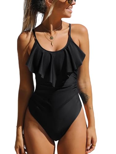 CUPSHE Women's One Piece Swimsuits Ruffled Scoop Neck Tummy Control Adjustable Straps Bathing Suits Swimming Costume Black M
