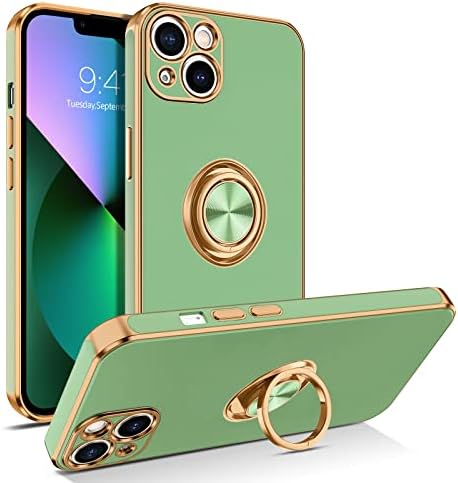 BENTOBEN iPhone 13 Case with Ring, Phone case for iPhone 14, Holder Edge Plating Rotation Kickstand Soft Silicone TPU Bumper Slim Flexible Shockproof Protective Cover for iPhone 13/14 6.1'' Green