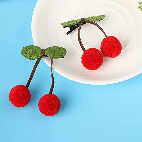 Okdeals 2Pcs Sweet Cherry Ball Shape Hair Clip Green Leaves Hairpins For Women Girls, Trendy Cherry Fur Pompom Hair Clips, Cherry Hair Ornaments Kids Hair Barrette((Red Cherry Ball) #TOP3