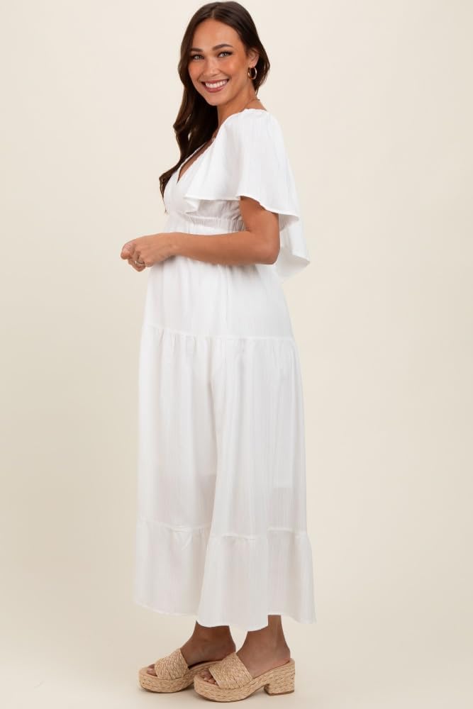 PinkBlush Deep V-Neck Flutter Sleeve Tiered Maternity Midi Dress