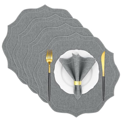 Cotton Linen Round Placemats Set of 4, HADEEONG Table Mats Cloth Placemats, Washable Wrinkle Resistance, Scalloped & Embroidered Fabric Placemats, 15.5 inch (Dark Grey, 4)