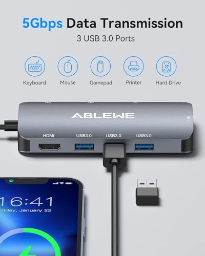 USB C Hub Multiport Adapter, ABLEWE 8-in-1 USB-C Hub with Ethernet 1Gbps, 4K HDMI, 100W PD, SD/TF Card Reader, 3 USB 3.0 Ports Docking Station Compatible for MacBook Pro/Air M3 M2 M1, iPad Pro/XPS - Thumbnail 5