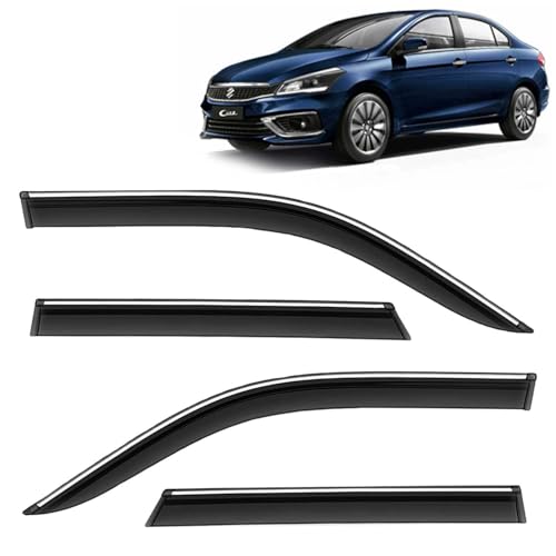KINGSWAY Accessories Chrome Lining Door Visor Only Compatible with Maruti Suzuki Ciaz Year 2018 to 2025 All Model, Premium Chromeline Unbreakable Car Rain Guard Side Rear Wind Deflectors, Set of 4 Pcs