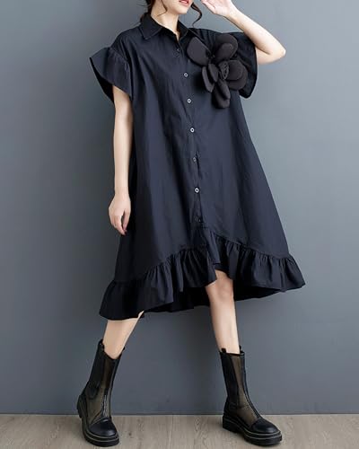 Image of ellazhu Women's Dress Loose Irregular Ruffle Hem Flower Button Down V-Neck Short Sleeve Shirt GZ210