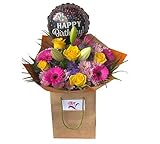 Stunning Birthday Bouquet with Balloon Gift Bag | Fresh Yellow Roses, Pink Gerberas, Lilies and Chrysanthemums | Florist Designed Floral Arrangement for Birthday Celebration