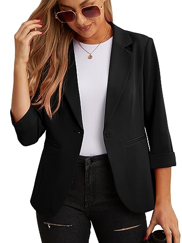 GRECERELLE Conjunto de Blazer para Mujer Elegante, Chaquetas de Manga 3/4, Blazer de Negocios Casual para Trabajo y Oficina, Blazers y Cárdigans con Bolsillos y Botón para Señoras, 01 Negro, 40