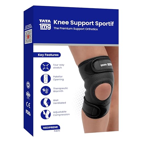 Image of 1MG Tata Knee Support Sportif(Neoprene) with Patellar Opening and Strechable Fabric,For Post Surgery, Post Sports Injury, Provides support to Week knees,Large Size (Large)
