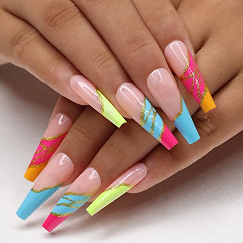 Kikmoya Pink Fake Nails Extra Long Rainbow Color Coffin Press On Nail Tips With Gold Wave Nails 24Pcs Glossy Artificial False Nails Manicure Set Acrylic Nails For Women And Girls (Pink Color Rainbow) #TOP4