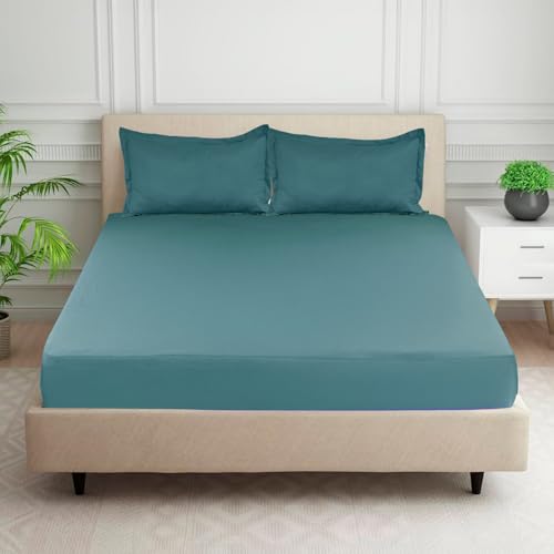 Image of HOMADORN Premium Polycotton Flat Bedsheet for Double Bed with 2 Pillow Covers - Soft, Durable & Wrinkle-Resistant (Ocean Mist)