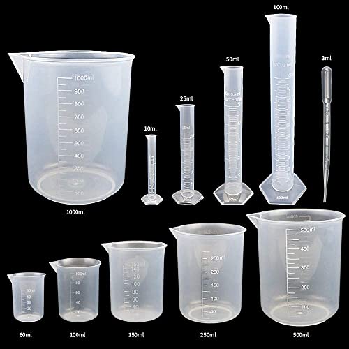Image of 4 PCS Plastic Graduated Cylinders 10ml /25ml /50ml /100ml and 6 PCS Beakers 50ml /100ml /150ml /250ml /500ml /1000ml for DIY and Laboratory Measuring with 20 Droppers in 3 ml