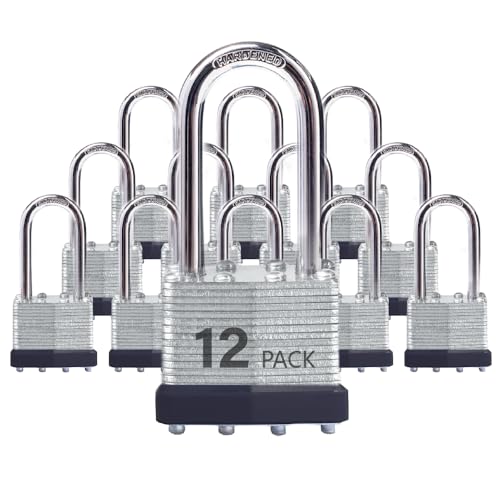 Image of Keyed Alike Laminated Steel Padlocks with Long Shackle for Sheds, Fences & Lockers (12-Pack)