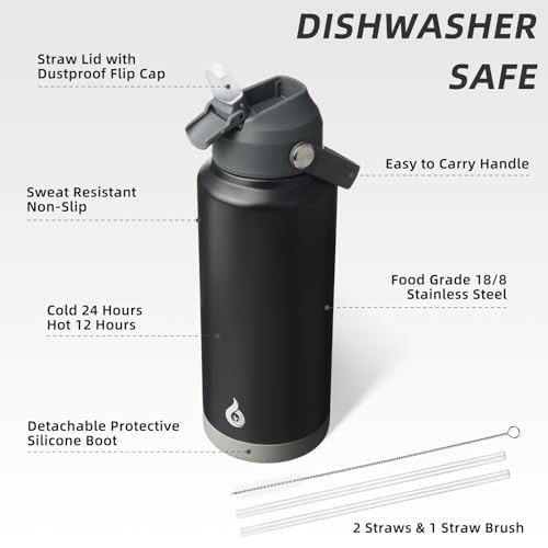 Image of BJPKPK Water Bottle with Straw Lid, 32oz Vacuum Insulated Water Bottles, Metal Stainless Steel Thermo for Sports, Travel, BPA Free Leak Proof Thermo, Cups, Flasks, Tumblers,Black