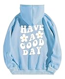 Fronage Women's Casual Oversized Hoodie, Slogan Letter Graphic Long Sleeve Sweatshirt, Aesthetic Y2K Cute Hooded Pullover Teen with Kangaroo Pockets Blue, S