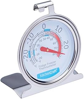 KitchenCraft Fridge Freezer Thermometer with Min Max Temperature Guide, Clear Dial, Stainless Steel, Silver
