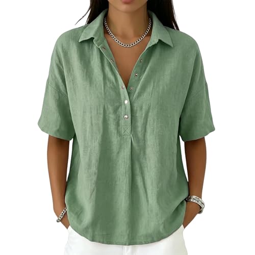 Cotton Linen Shirts for Women Summer Henley V Neck Half Sleeve Blouse