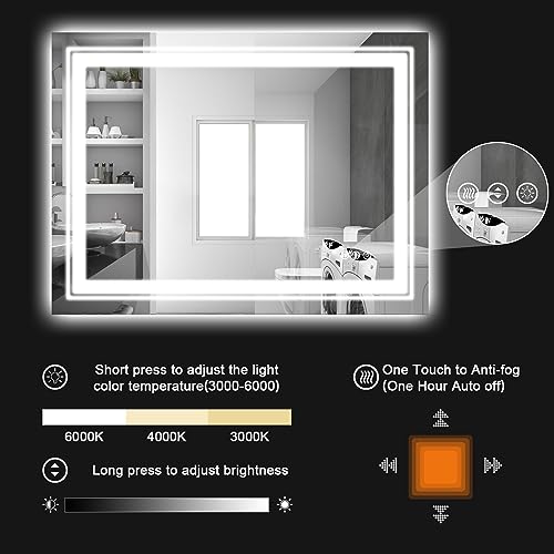 LED Bathroom Mirror, 60"X40" with Front and Backlit, Anti-Fog, Large Bathroom Vanity Mirror for Wall, Memory Function, Stepless Dimmable, Tempered Glass (Horizontal/Vertical)