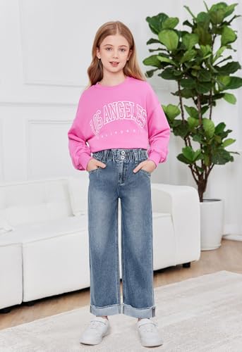 Haloumoning Girls Jeans Kids Elastic Waist Straight Leg Pull on Denim Pants with Pockets 4-14 Years2