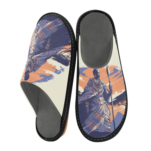 African Tribal House Slippers for Women Men, Warm Slipper Rubber Sole Memory Foam Indoor Outdoor 4-5