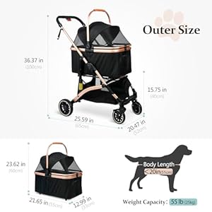 Pet Stroller, Dog Strollers with Removable Carrier, Pet Stroller for Cats and Small and Medium Dogs, 4 Wheels Travel Jogger for Puppies, Pet Gear Stroller with Large Storage Basket, Black