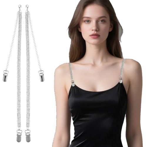 Triple drain diamond clip buckle bra straps, metal rhinestone underwear straps, fashion dress chain (Black + transparent)