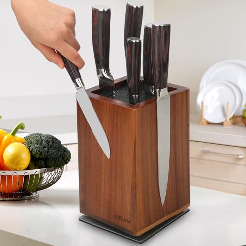 Kisfam 360° Rotating Magnetic Knife Block Without Knives - Acacia Wood Knife Holder for 14 Knives & Utensils, Space-Saving Kitchen Countertop Storage with Removable Brush