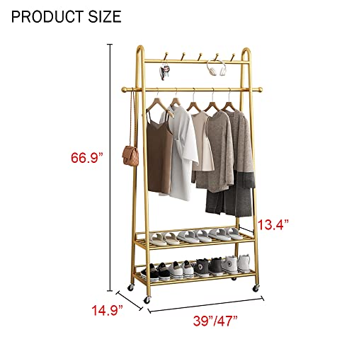 Maikailun Clothes Rack Gold, Freestanding Coat Rack Modern Rolling Garment Rack With Wheels And Bottom Shelves, Industrial Heavy Duty Pipe Clothing Rack Wardrobe Closet For Boutique Display (47'L) #TOP1