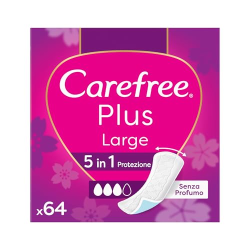Carefree Salvaslip Plus Large Senza Profumo, Salva slip donna extra ampio con protezione 5in1 per 8h di sensazione di asciutto, Assorbenti senza profumo ultra sottili per uso quotidiano, 64 salvaslip