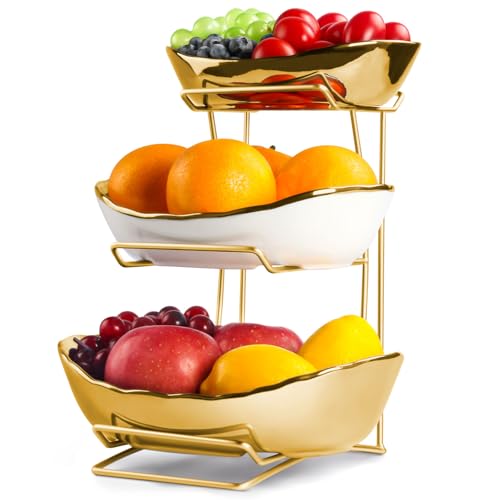 YUNLINLI 3 Tier Fruit Basket for Kitchen Counter, Detachable Ceramic Fruit Bowl Set with Metal Stand, Tiered Fruit Holder for Fruit Vegetable Snack Dessert Storage, Countertop Organizer for Home, Gold