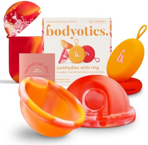 Bodyotics Wiederverwendbare Menstruationsdisc & Etui Set – Rot & Orange | Wiederverwendbares Scheibenset (S & L) mit tragbarem Silikon-Reinigungs- und Aufbewahrungsbehälter
