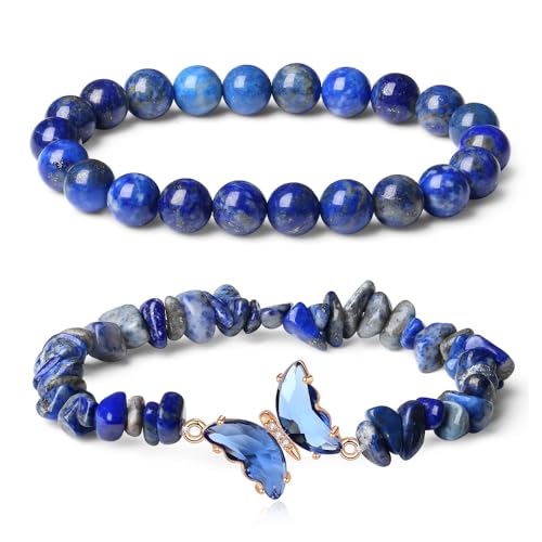 Disegno Raffinato: Questo set comprende un bracciale classico rotondo lapislazzuli 8mm insieme ad un bracciale irregolare con ciondolo farfalla cristallo. La combinazione crea un aspetto armonioso che esalta qualsiasi outfit.