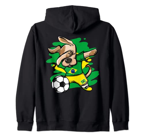 Dabbing Dog Brazil Soccer Fan Jersey Brazilian Flag Football Zip Hoodie, Black