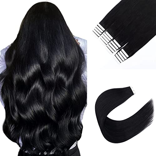 Image of Sixstarhair Jet Black Tape In Hair Extensions Human Hair 20 Pieces Natural Black Hair Extensions Made of 100 Remy Human Hair and Double Side Tape [Color 1 Jet Black 16inch]