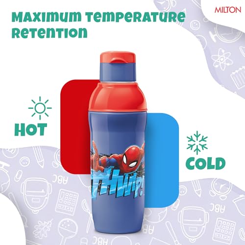 Image of Milton Marvel Steel Slim 600 Insulated Inner Steel Water Bottle for School Kids I Leak Proof FlipTop Lid, Easy to Carry Loop,Insulated Thermo Sipper Bottle for Kids,490 ml,Dark Blue (Spider-Man print)