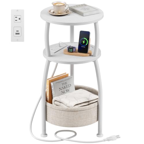 Yuede Side Table with Charging Station, Small Round End Table with Basket