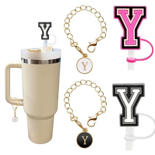（2+2）2PCS Straw Cover for Stanley Cup 30&40 Oz 10mm Straw Topper with 2PCS Stanley Cup Accessories Letter Charms Name ID Initial Letter Handle Personalized Charm For Stanley Tumbler (Letter Y)