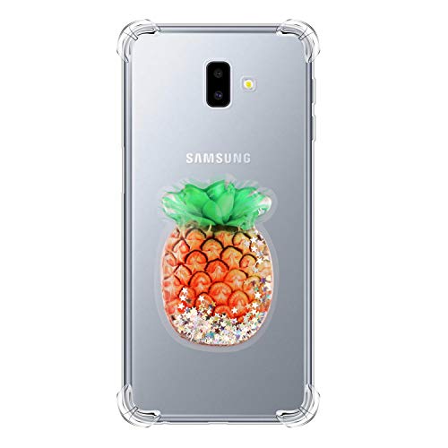 Jorisa Case for Samsung Galaxy J6 Plus,Crystal Clear Skin with 3D Liquid Bling Sequin Pattern and Long lanyard,Shock Absorption Air Cushion Rubber Silicone Protection Case,Pineapple