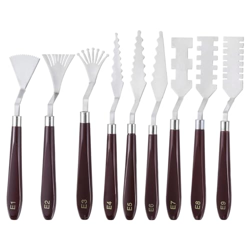 sourcing map 9pcs E1-E9 Painting Palette Knife Set Stainless Steel Art Spatula Painting Pallet Knives Scrapers Tools with Plastic Handle for Acrylic Oil Canvas Mixing Spreading