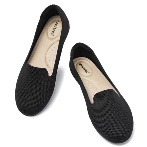 Image of Veittes Women's Wide Width Flats Shoes,Comfortable Breathable Casual Slip on Round-Toe Knitted Dressy Ballet Flats