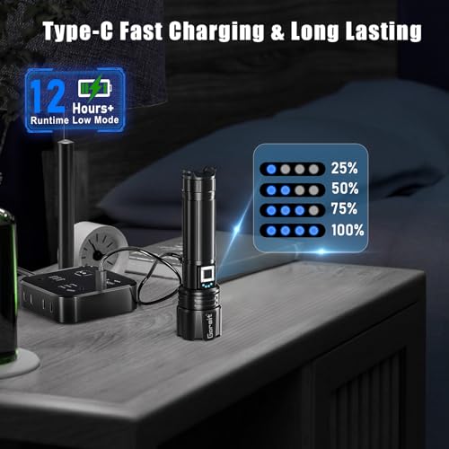 Goreit Aluminum Flashlight High Lumens Rechargeable,20000 Lumen Led Flashlights Xhp702 Usb Super Bright Flash Light, High Powered Handheld Flashlights For Emergencies Camping,Ip67 Waterproof,Zoomable