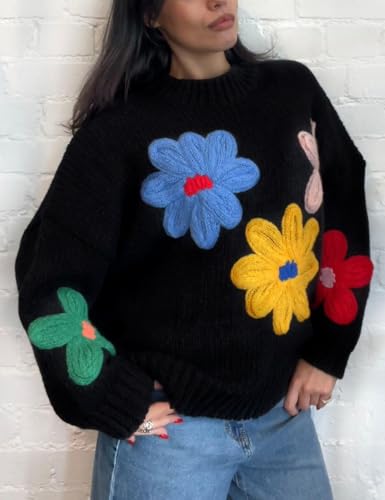 Image of Yimoon Women's Cropped Floral Sweater 2024 Fall Winter Cute Crochet Flower Long Sleeve Knit Pullover Tops(Black-S)