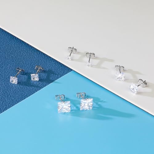 Trinckle 4 Pairs Stainless Steel Earrings, Square Earrings For Men Silver Cubic Zirconia Earrings Studs Hypoallergenic Princess Cut Earrings For Women Stud Earrings Set Cartilage Piercing Men Jewelry thumb #6