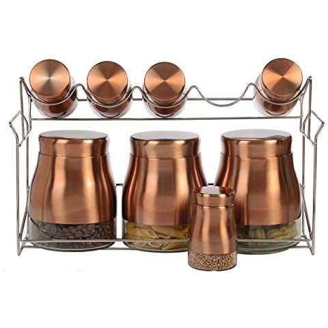 9 Piece Copper Color Stainless Steel And Glass Kitchen Counter Storage and Spice Jar Rack Set Cover