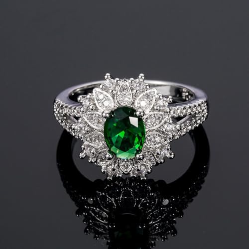 White Gold Plated Green Cubic Zirconia Flower Engagement Rings Wedding Bridal Band Promise Rings Evening Parties Anniversary Valentine's Day Gifts Eternity Bands for Women